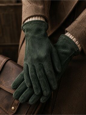 Vintage Forest Green Suede Gloves – Classic Heritage Winter Gloves M